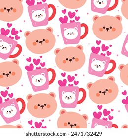 seamless pattern cartoon bear with heart mug. cute animal wallpaper illustration for gift wrap paper