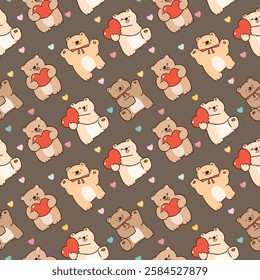 Seamless Pattern with Cartoon Bear and Heart Design on Dark Brown Background. Hand Drawn Vector Illustration. Not AI Generated.