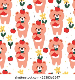 nahtloses Muster Cartoon Bär halten roten Apfel. süße Herbstvibes Tapete für Stoffdruck, Geschenkpapier
