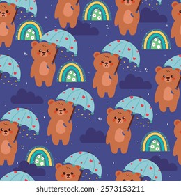 seamless pattern cartoon bear holding an umbrella and sky element. cute animal wallpaper for fabric print, gift wrap paper