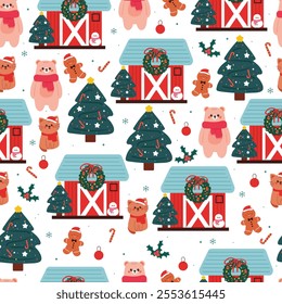 seamless pattern cartoon bear with house, christmas vibes and winter stuff. cute christmas and winter wallpaper for fabric print, gift wrap paper