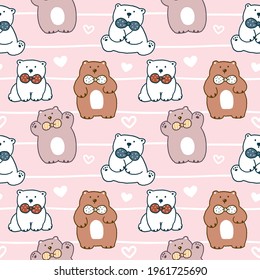 Seamless Pattern with Cartoon Bear Illustration Design on Pink Background with White Wavy Lines and Hearts