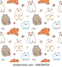 Seamless Pattern with Cartoon Bear Illustration Design on White Background