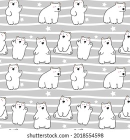 Patrón sin fisuras de la ilustración del oso de caricatura sobre fondo gris con líneas y estrellas de onda blanca
