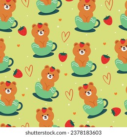 seamless pattern cartoon bear inside a cup. cute animal wallpaper with orange illustration for gift wrap paper