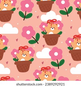 seamless pattern cartoon bear inside basket with flowers and sky element. cute animal wallpaper for textile, gift wrap paper