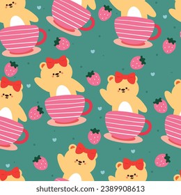 seamless pattern cartoon bear inside a cup. cute animal wallpaper illustration for gift wrap paper