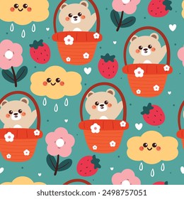 seamless pattern cartoon bear inside a basket with flower, strawberry and clouds. cute wallpaper for fabric print, gift wrap paper