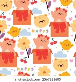 seamless pattern cartoon bear inside a box with chick and flower. cute animal wallpaper for fabric print, gift wrap paper