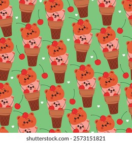 seamless pattern cartoon bear with inside ice cream cup. cute animal wallpaper for fabric print, gift wrap paper