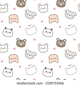 Seamless Pattern of Cartoon Bear, Koala and Panda Face Design on White Background with Pink Hearts