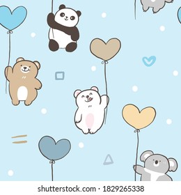Seamless Pattern of Cartoon Bear, Koala, Panda with Balloon Design on Light Blue Background