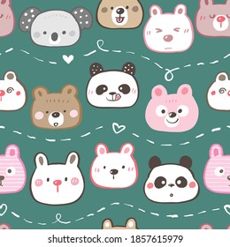 Seamless Pattern with Cartoon Bear, Koala and Panda Face Design on Dark Green Background