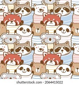 Seamless Pattern with Cartoon Bear, Koala, Panda, Red Panda and Raccoon Illustration Design