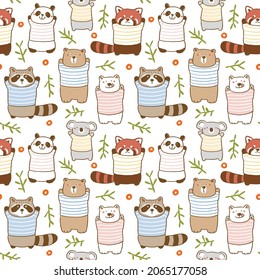 Seamless Pattern with Cartoon Bear, Koala, Panda, Red Panda and Raccoon Design on White Background