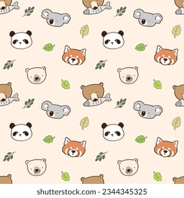 Seamless Pattern of Cartoon Bear, Koala, Panda and Leaf Design on Beige Color Background