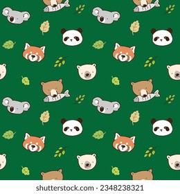 Nahtlose Muster mit Cartoon Bär, Koala, Panda-Gesicht und Leaf-Design auf grünem Hintergrund