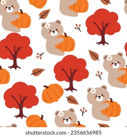 seamless pattern cartoon bear, leaves and autumn vibes element. cute autumn wallpaper for holiday. design for fabric, flat design, gift wrap paper 