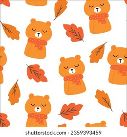 seamless pattern cartoon bear, leaves and autumn vibes element. cute autumn wallpaper for holiday. design for fabric, flat design, gift wrap paper