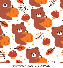 seamless pattern cartoon bear, leaves and autumn vibes element. cute autumn wallpaper for holiday. design for fabric, flat design, gift wrap paper