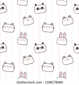 Seamless Pattern of Cartoon Bear, Panda, Bunny and Cat Face Design on White Background with Pink Lines