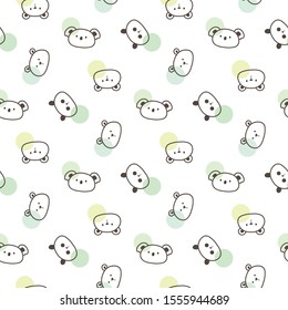 Seamless Pattern of Cartoon Bear, Panda and Koala Face Design on White Background with Green Dots