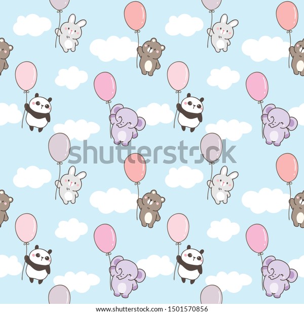 青い空の背景にアニメクマ パンダ ウサギ ゾウ 風船のシームレスなパターン のベクター画像素材 ロイヤリティフリー