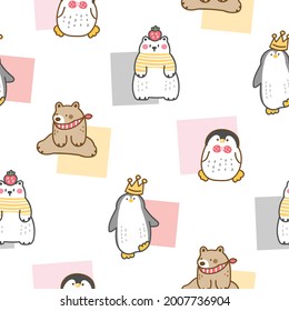 Seamless Pattern of Cartoon Bear and Penguin Illustration Design on White Background with Pastel Squares