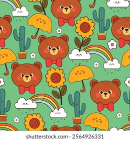 seamless pattern cartoon bear with plant and sky element. cute animal wallpaper for fabric print, gift wrap paper