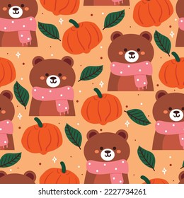 seamless pattern cartoon bear, pumpkin, and autumn vibes. cute animal wallpaper for textile, gift wrap paper