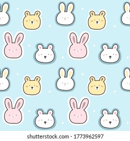 Seamless Pattern with Cartoon Bear and Rabbit Face Design on Blue Background