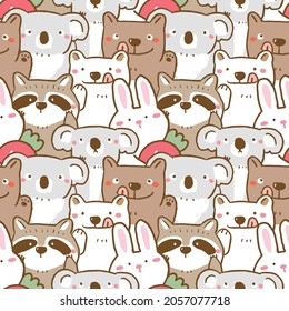 Seamless Pattern of Cartoon Bear, Rabbit, Koala and Raccoon Illustration Design