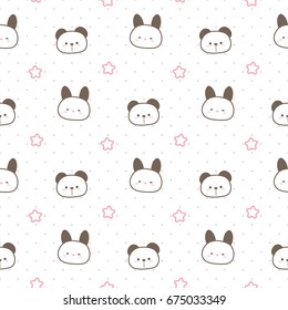 Seamless Pattern of Cartoon Bear and Rabbit Head on White Background with Dots