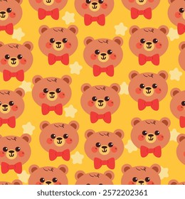 seamless pattern cartoon bear with red bow. cute animal wallpaper for fabric print, gift wrap paper