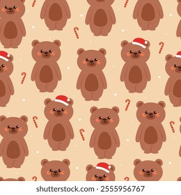 seamless pattern cartoon bear with santa claus hat. cute christmas and winter wallpaper for fabric print, gift wrap paper