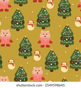 Oso de la historieta del modelo inconsútil, muñeco de nieve, y árbol de navidad lindo, Fondo de pantalla del invierno para la impresión de la tela, papel del abrigo del regalo