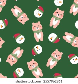 Seamless pattern cartoon bear and snowman christmas. cute christmas and winter wallpaper for fabric print, gift wrap paper