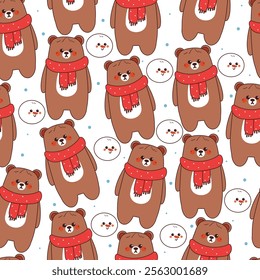 seamless pattern cartoon bear with snowman. cute christmas and winter wallpaper for fabric print, gift wrap paper