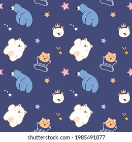 Seamless Pattern of Cartoon Bear and Star Illustration Design on Dark Blue Background