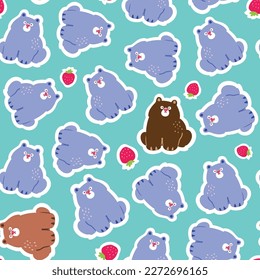 Seamless Pattern of Cartoon Bear and Strawberry Design on Blue Green Background