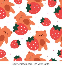seamless pattern cartoon bear and strawberry. cute animal wallpaper illustration for gift wrap paper