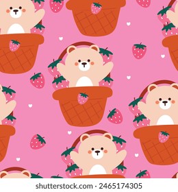 dibujo animado sin costuras oso y fresa dentro de una cesta. ilustración de Fondo de pantalla animal lindo para papel de envoltura de regalo