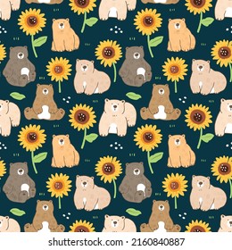 Seamless Pattern with Cartoon Bear and Sunflower Design on Dark Blue Background