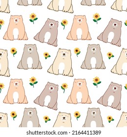 Seamless Pattern of Cartoon Bear and Sunflower Design on White Background