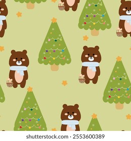 Seamless pattern cartoon bear and tree christmas. cute christmas and winter wallpaper for fabric print, gift wrap paper