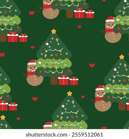 Seamless pattern cartoon bear and tree christmas. cute christmas and winter wallpaper for fabric print, gift wrap paper