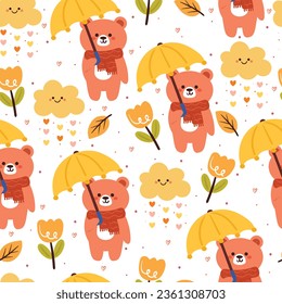 seamless pattern cartoon bear with umbrella, leaves and autumn vibes element. cute autumn wallpaper for holiday. design for fabric, flat design, gift wrap paper