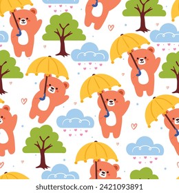 seamless pattern cartoon bear with umbrella and plant and tree. cute wallpaper for textile, gift wrap paper