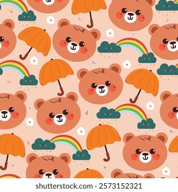 seamless pattern cartoon bear with umbrella and sky element. cute animal wallpaper for fabric print, gift wrap paper