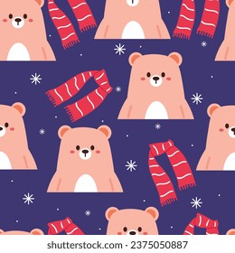 seamless pattern cartoon bear wearing scarf. cute animal wallpaper with snowflakes illustration for gift wrap paper, winter wallpaper